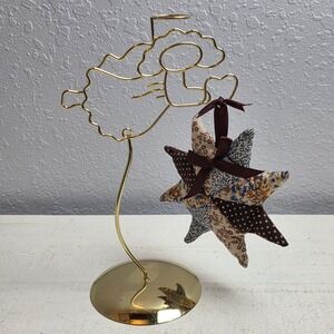 Vintage Handmade Brown Floral Quilted Star Ornament Angel Wire Display Christmas